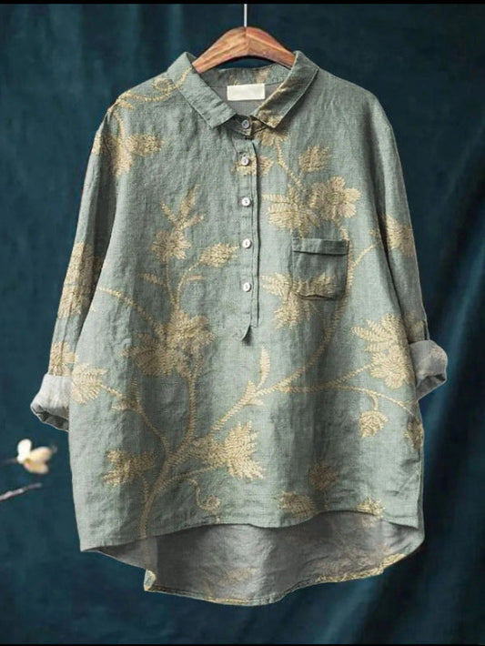 Retro Floral Art Linen Elastic Waistband Pocket Women's Top And Dress