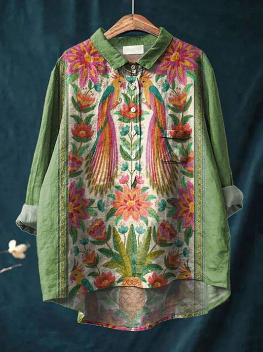 Women's Vintage Lovely Floral Birds Art Print Casual Linen Cotton Shirt And Dress