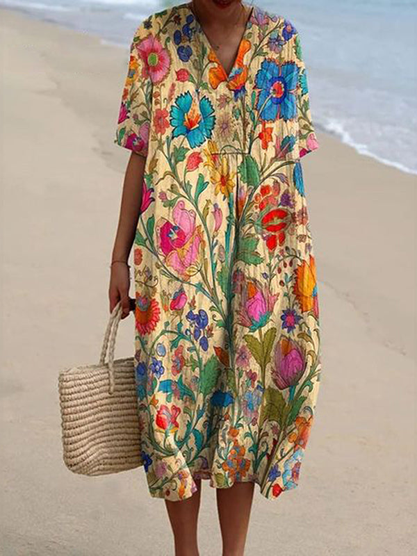 New Pocket Bright Floral Holiday Dress