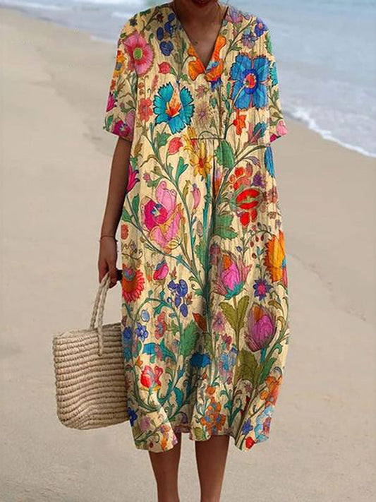 New Pocket Bright Floral Holiday Dress