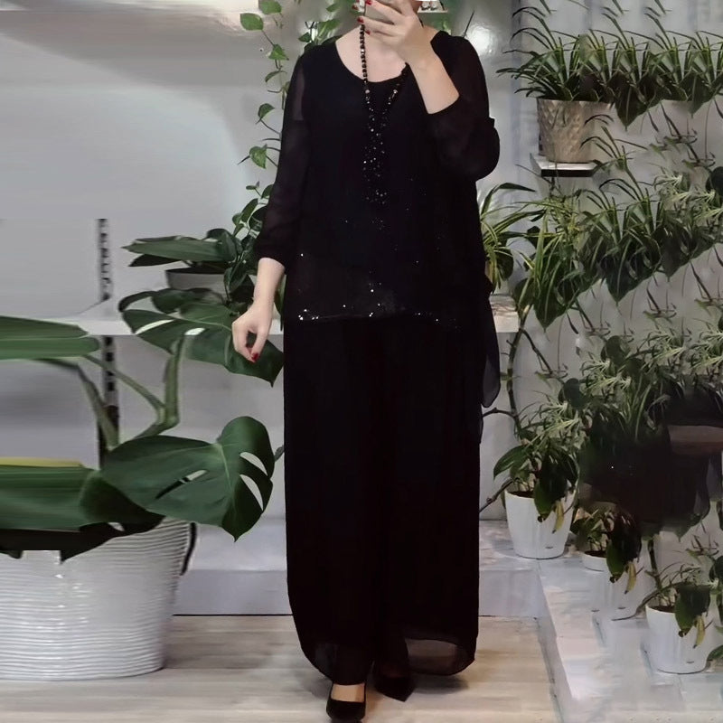 Fashionable Women's 2-piece Sequin Blouse And Wide-leg Pants Set
