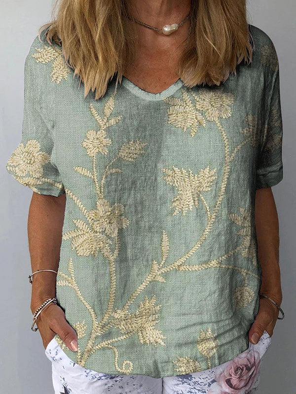 Retro Floral Art Linen Elastic Waistband Pocket Women's Top And Dress