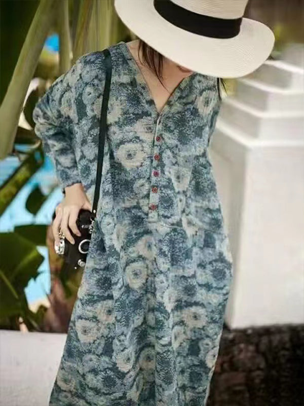 Retro Style Loose Printed Long Sleeve Dress