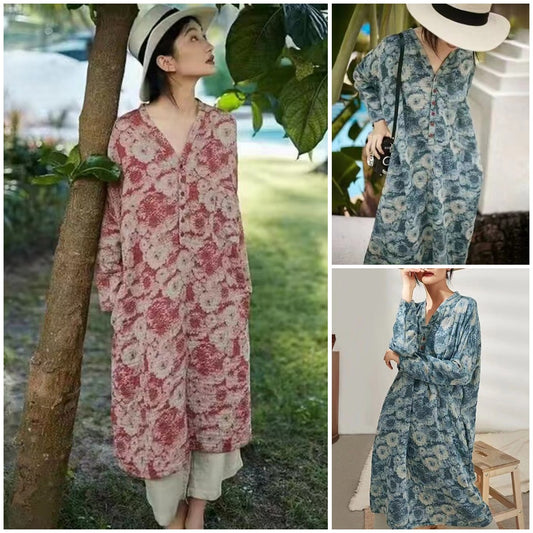 Retro Style Loose Printed Long Sleeve Dress