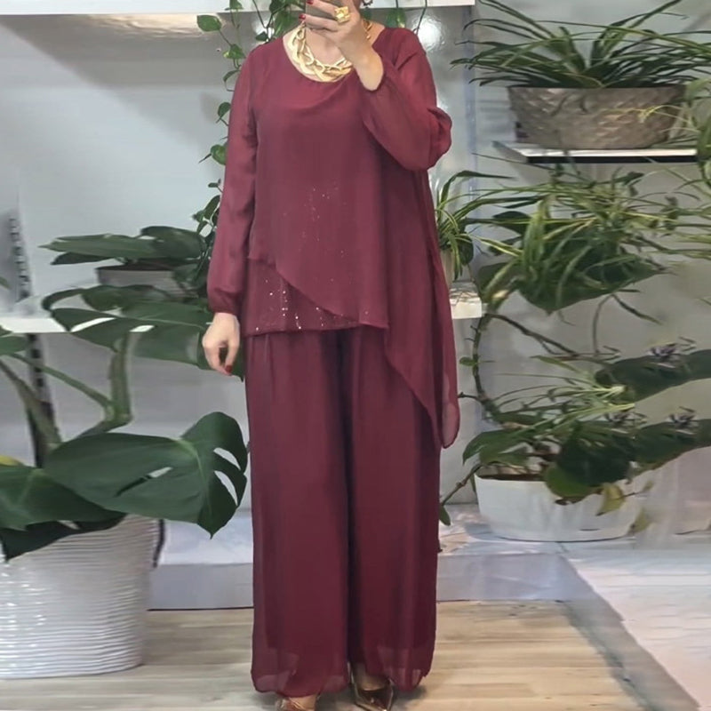 Fashionable Women's 2-piece Sequin Blouse And Wide-leg Pants Set