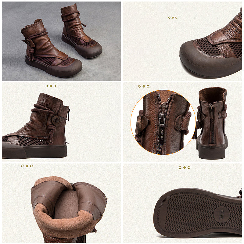Fashion Hollow Soft Leather Wear-Resistant Zipper Women'S Shoes