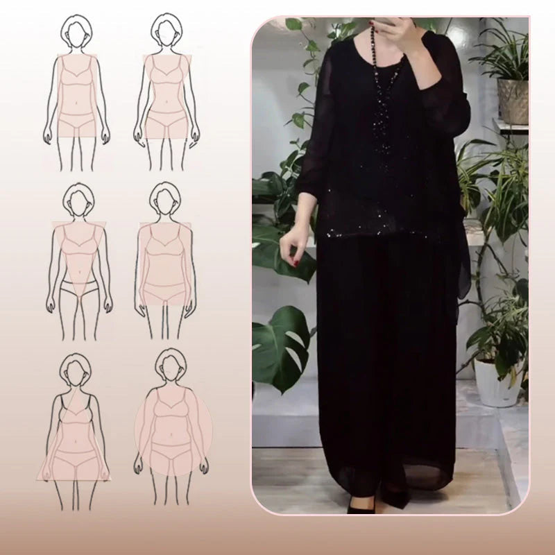 Fashionable Women's 2-piece Sequin Blouse And Wide-leg Pants Set