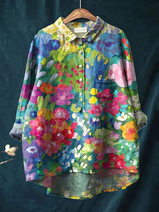 Women's Vintage Lovely Floral Art Print Casual Linen Cotton Top And Dress