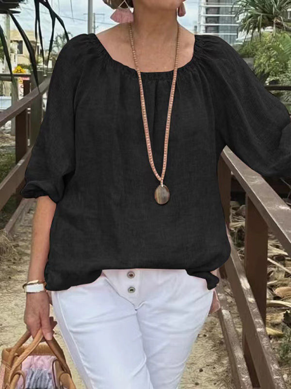 New Solid Color Round Neck Mid-Sleeve Casual Top