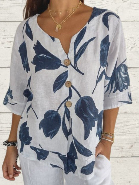 New Arrival Printed V-Neck Button Casual Top