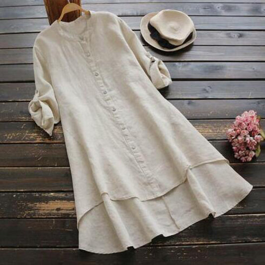Retro Solid Color Button Long Sleeve Dress