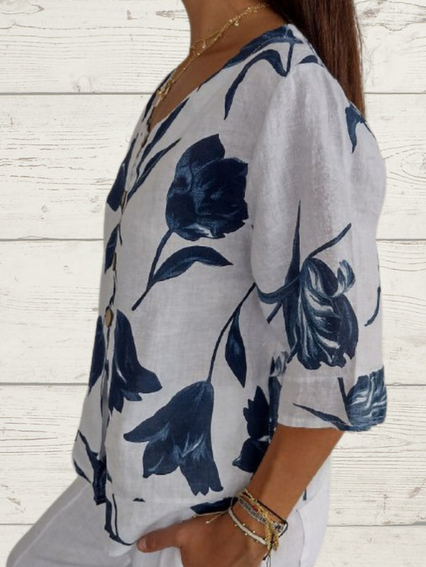 New Arrival Printed V-Neck Button Casual Top