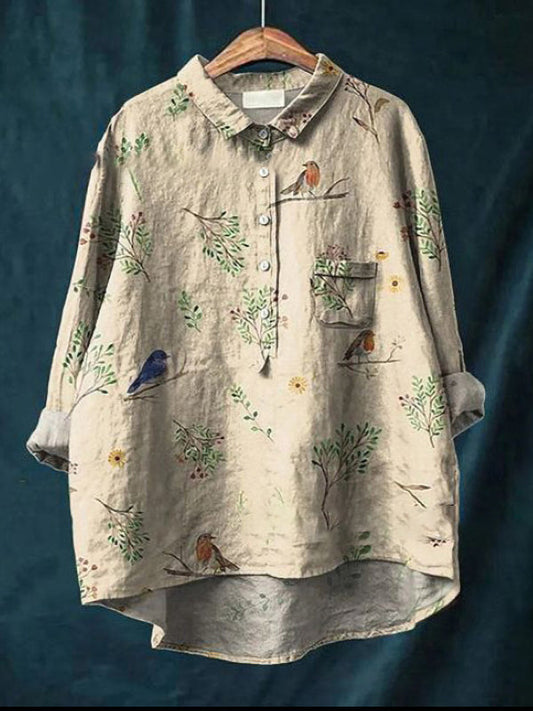 Boughs And Robin Birds Pattern Printed Women's Casual Linen Cotton Top And Dress