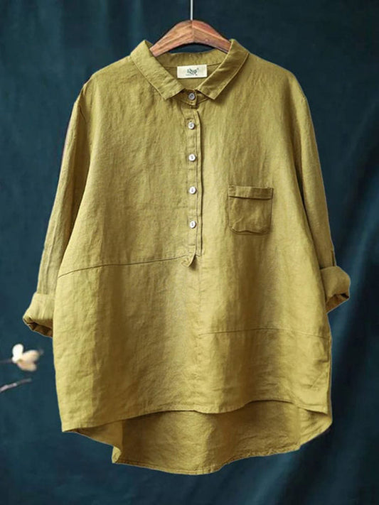 Women's Lapel Neck Casual Solid Colour Linen Cotton Long Sleeve Shirt