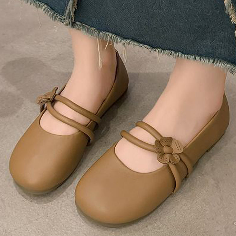 Lace-Up Flower-Decorated Soft-Soled Leather Shoes