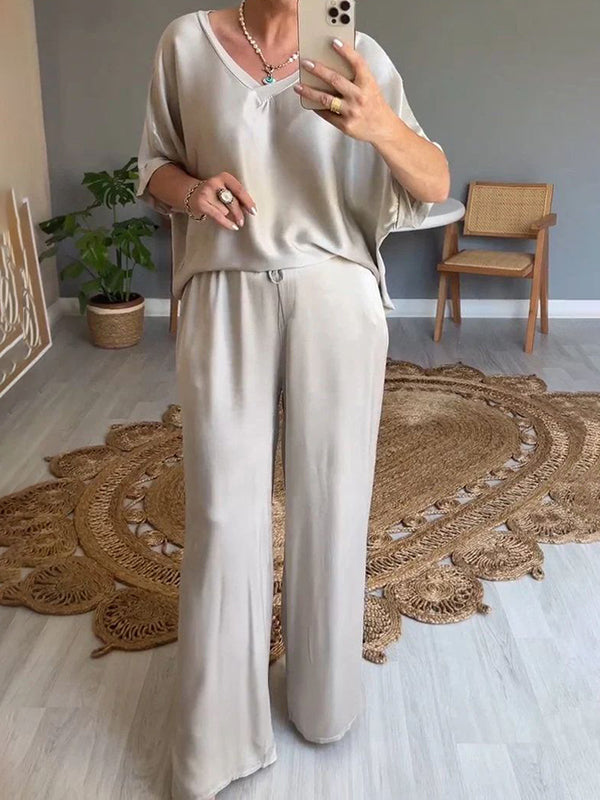 Fashionable Satin V-Neck Casual Ladies Two-Piece Suit