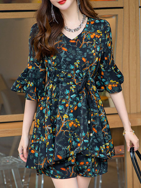 Fashion Casual Printed Silk Dress Suit