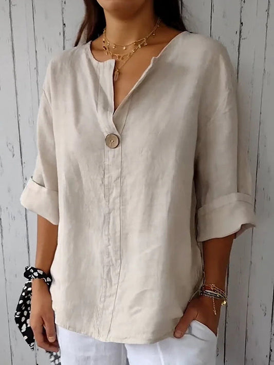 New V-neck Cotton and Linen Button Top