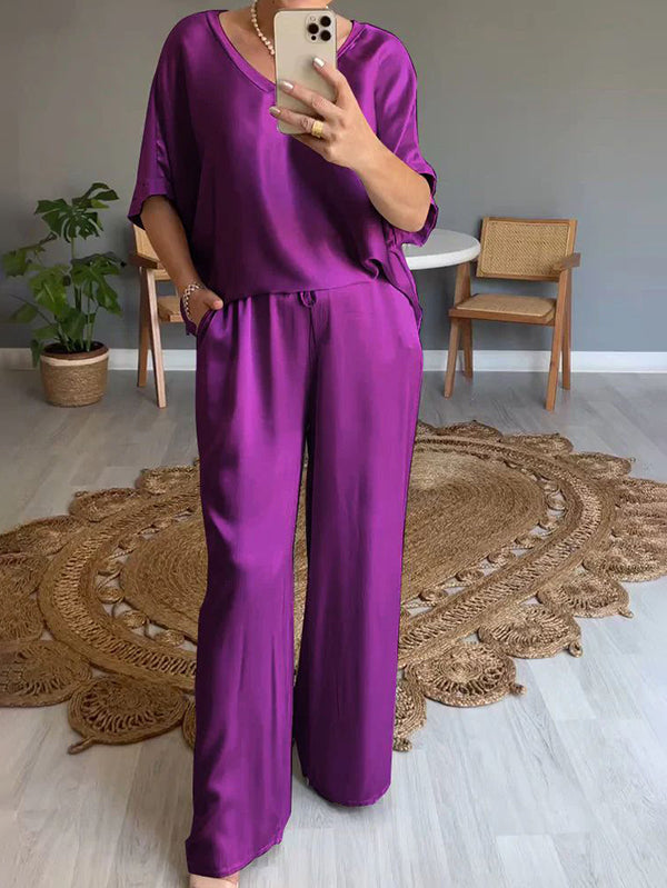 Fashionable Satin V-Neck Casual Ladies Two-Piece Suit