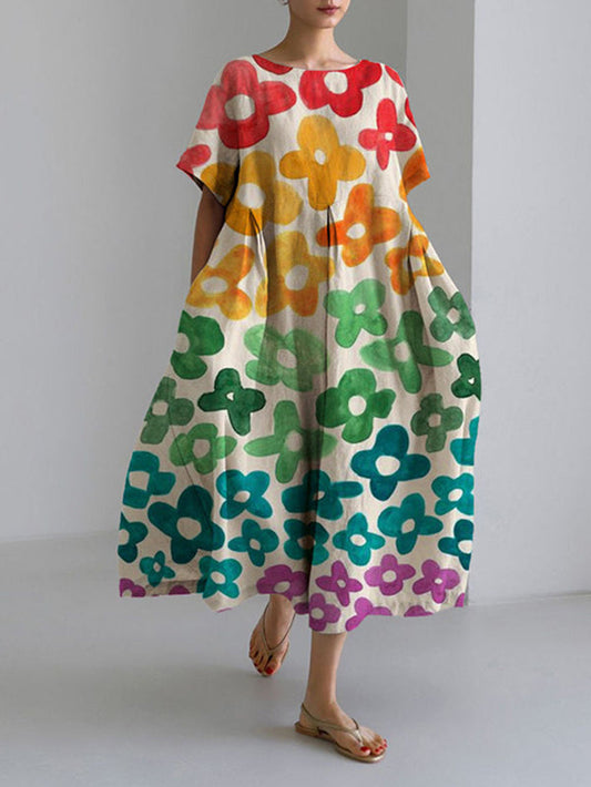 Colorful Floral Women's Linen and Cotton Dress