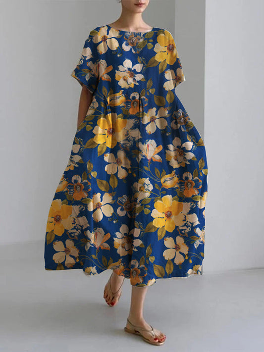 Flowers Blooming Women'S Linen And Cotton Dress