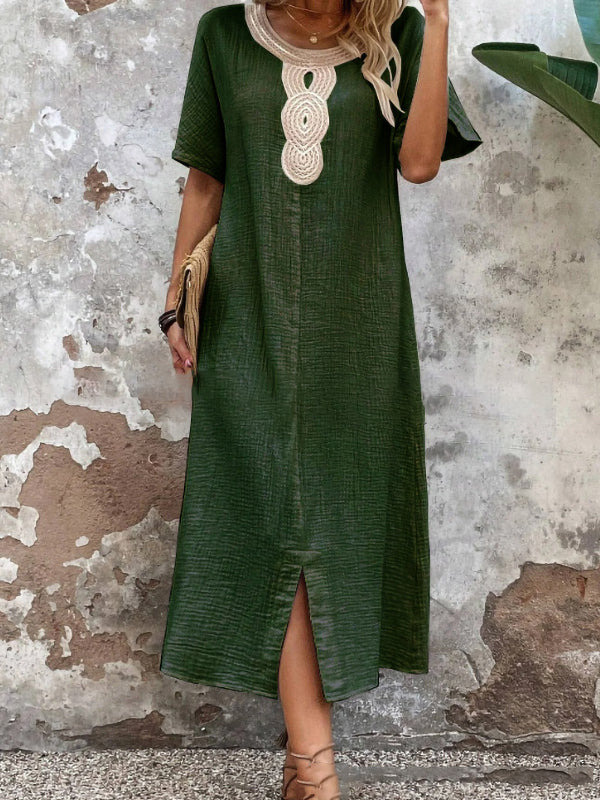 Ruffled Slit Lace Collar Cotton Women's Dress