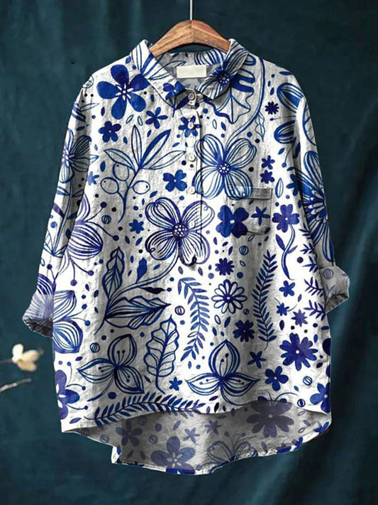Women's Floral Art Print Casual Linen Cotton Top And Dress