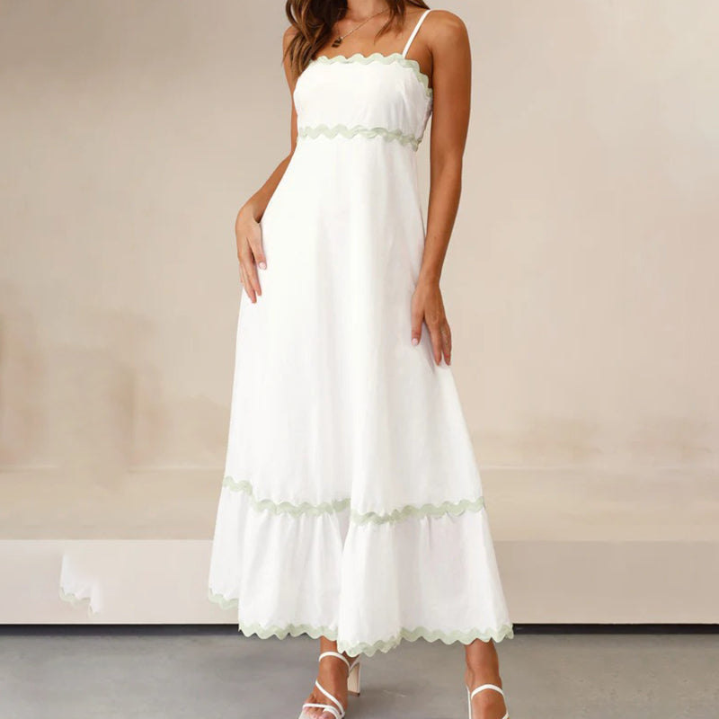 Solid Color Lace Stitching Elegant Suspender Dress