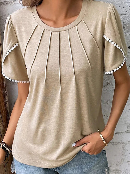 Casual Crew Neck Pleated Short Sleeve Lace Top