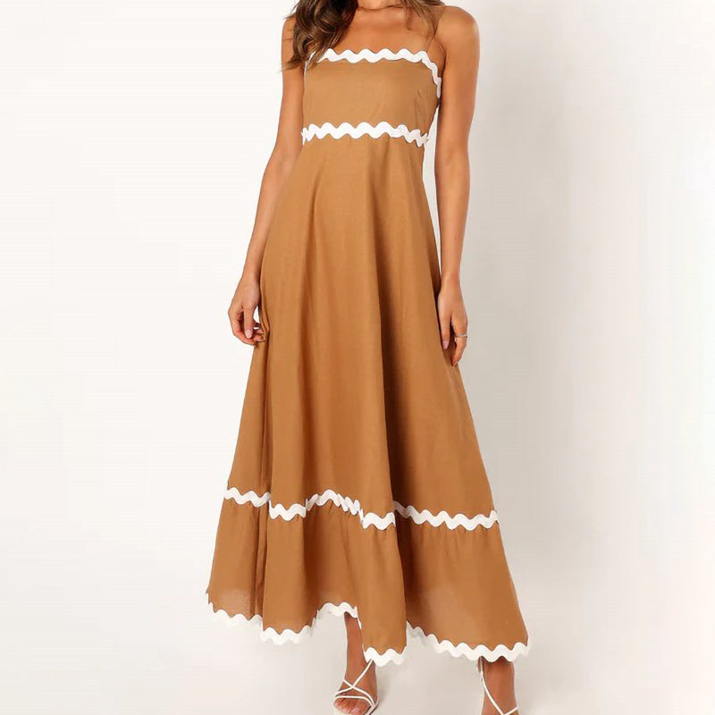 Solid Color Lace Stitching Elegant Suspender Dress