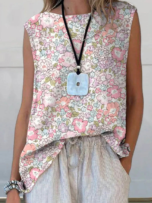 Pink Floral Vivid Print Women's Linen and Cotton Top