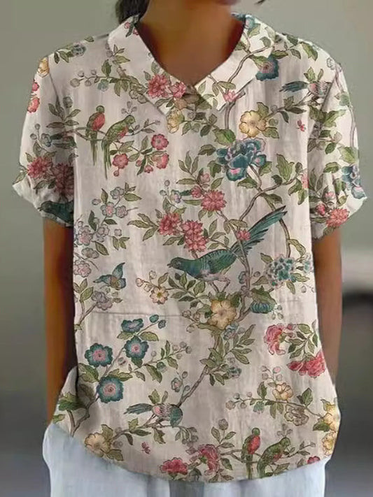 Blossom Lapel Women's Cotton and Linen Top