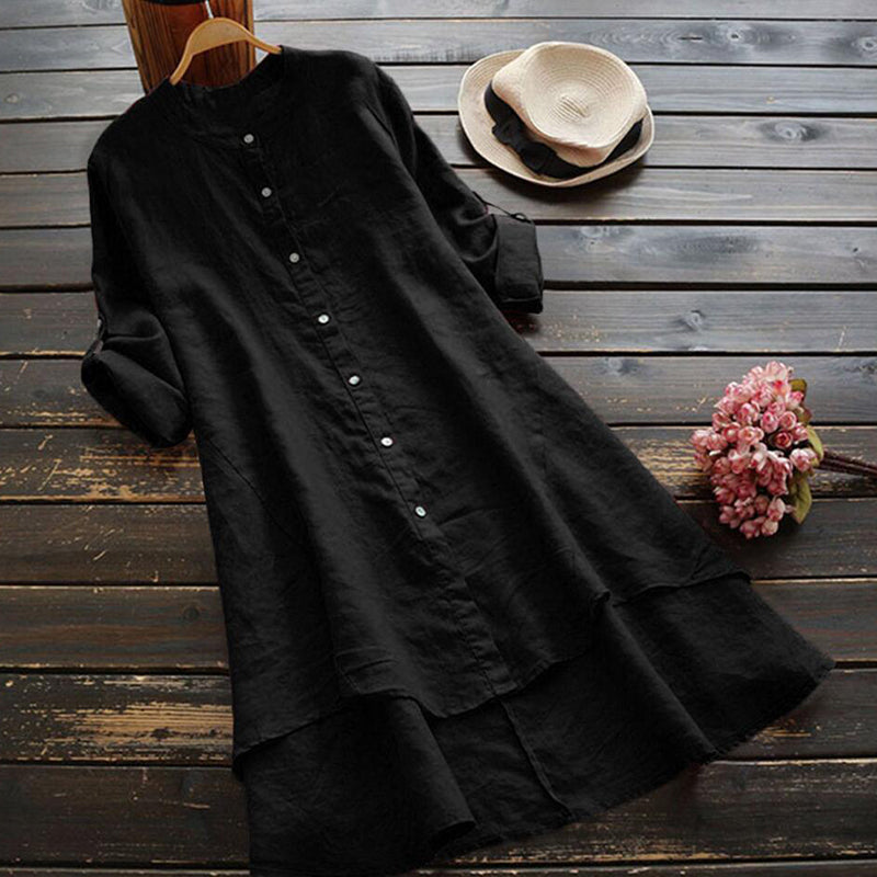 Retro Solid Color Button Long Sleeve Dress