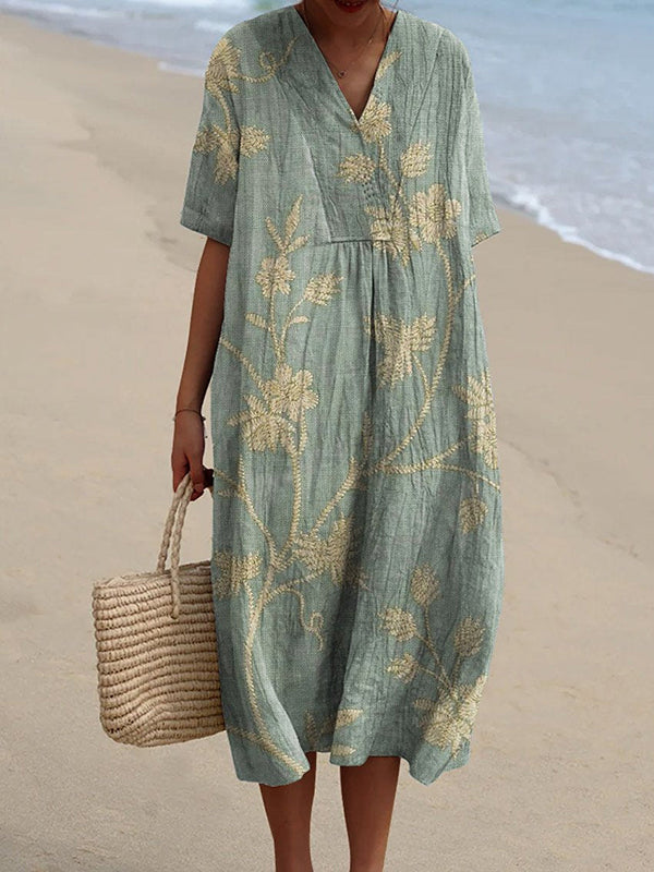 Retro Floral Art Linen Elastic Waistband Pocket Women's Top And Dress