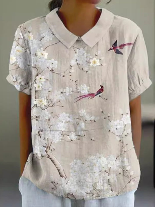 Vintage Floral Lapel Women's Cotton and Linen Top
