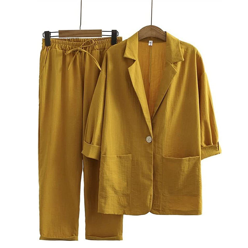 Fashionable And Casual Cotton And Linen Two-Piece Suit