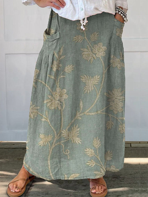 Retro Floral Art Linen Elastic Waistband Pocket Women's Top And Dress