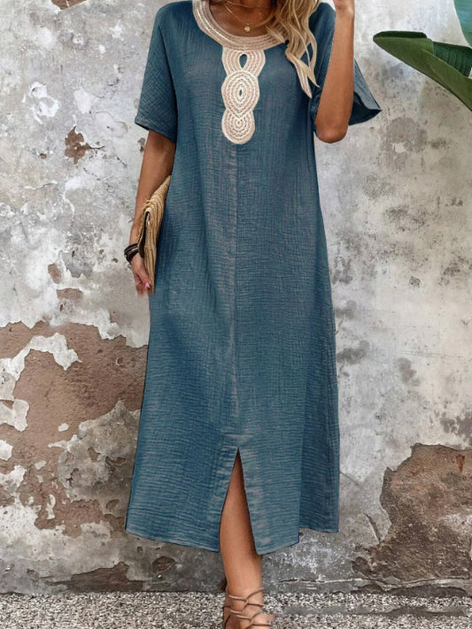Ruffled Slit Lace Collar Cotton Women's Dress