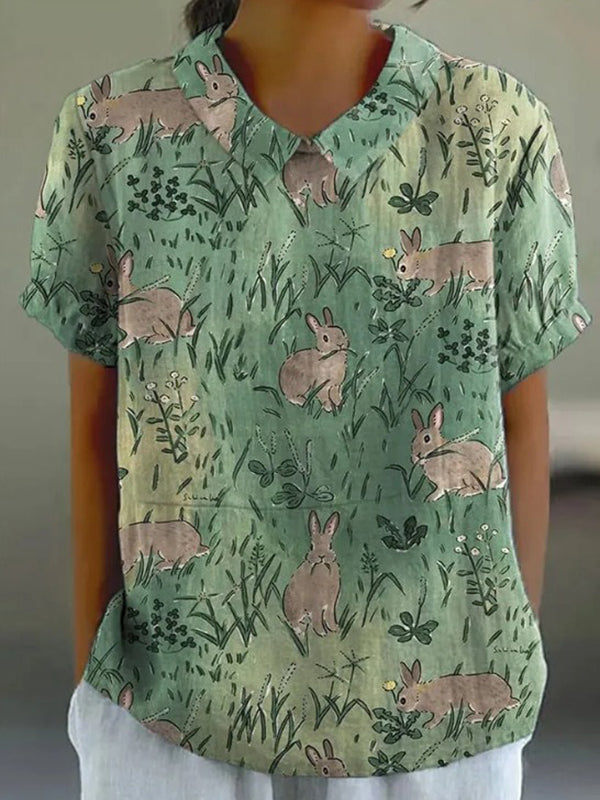 Green Grass Bunny Lapel Women's Cotton and Linen Top