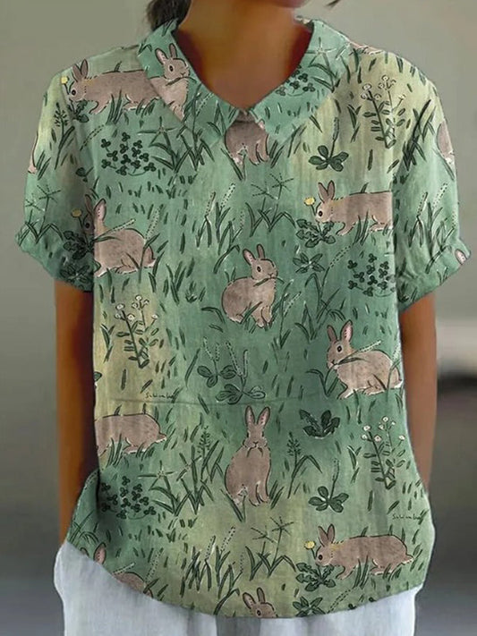 Green Grass Bunny Lapel Women's Cotton and Linen Top