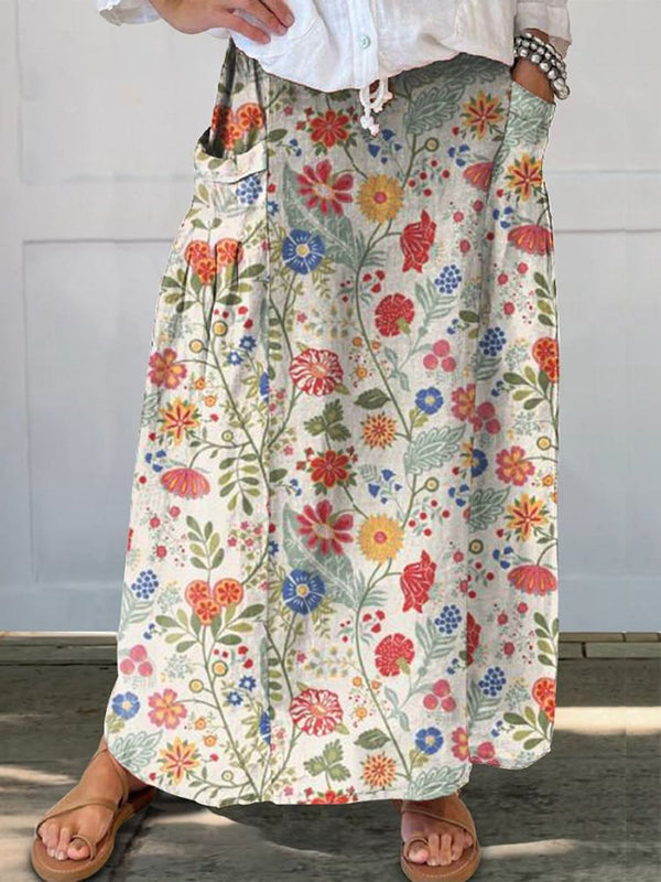 Pastoral Floral Art Print Casual Linen Cotton Women's Top And Skirt