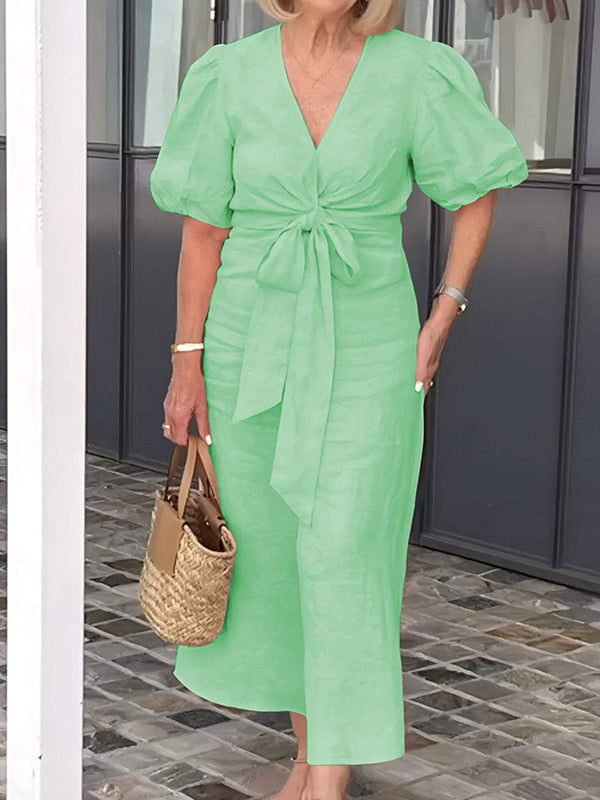 New V-Neck Tie Puff Sleeve Cotton Linen Dress