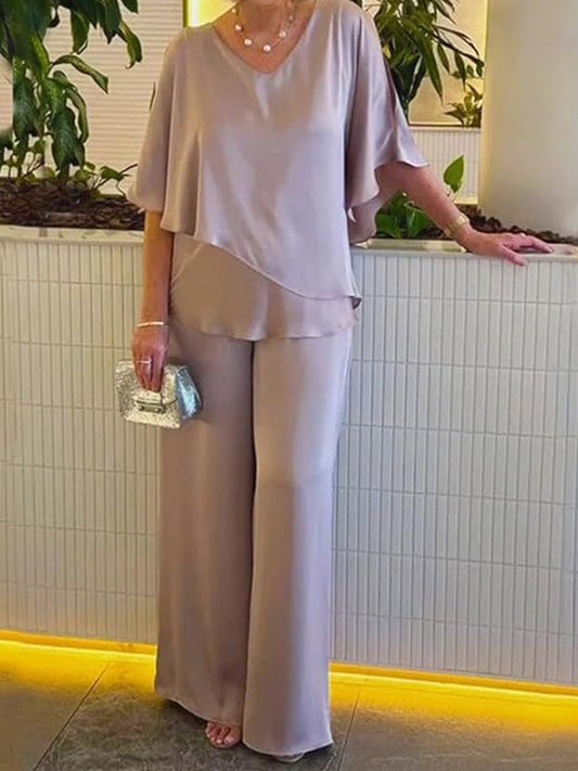 New Solid Color V-Neck Irregular Hem Casual Two-Piece Suit