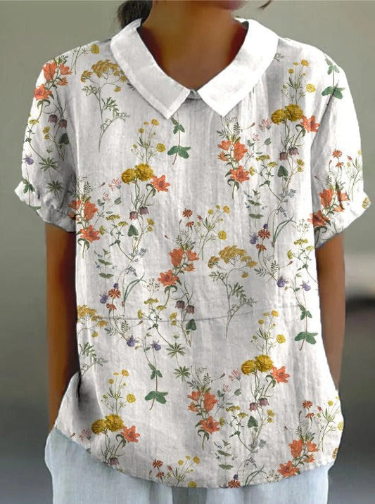 Brightly Printed Lapel Women'S Cotton And Linen Top