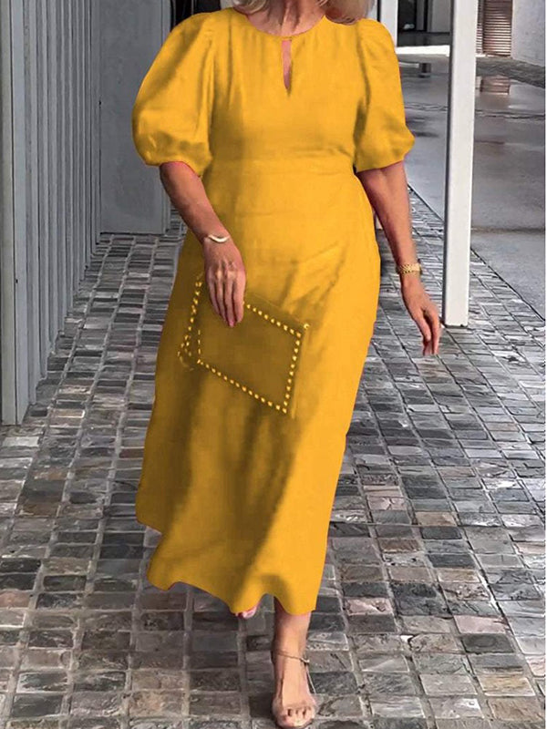 Elegant Round Neck Puff Sleeve Ladies Dress