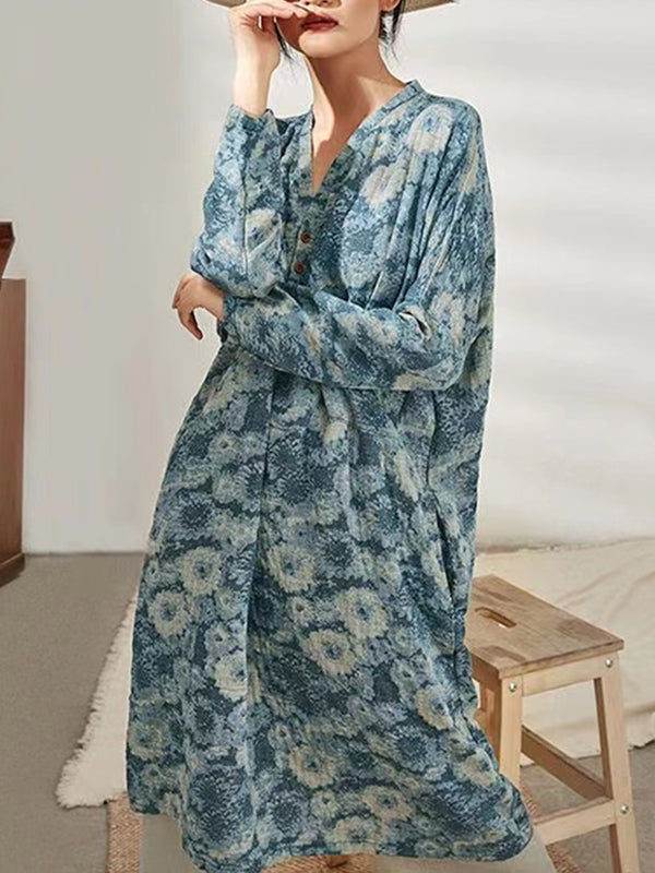 Retro Style Loose Printed Long Sleeve Dress