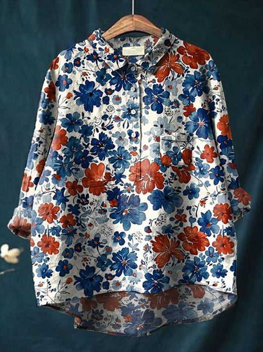Women's Flower Print Casual Cotton And Linen Shirt