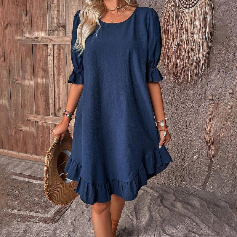 Elegant Round Neck Solid Color Dress