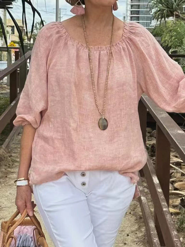 New Solid Color Round Neck Mid-Sleeve Casual Top