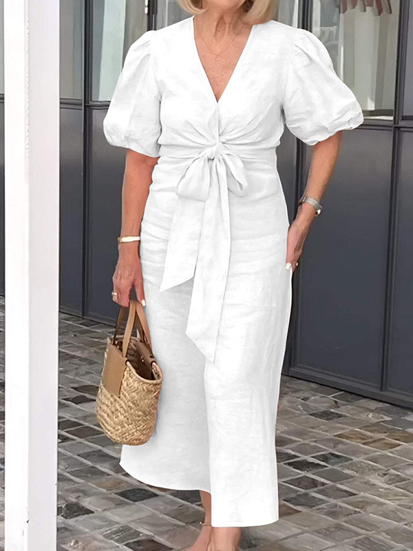 New V-Neck Tie Puff Sleeve Cotton Linen Dress